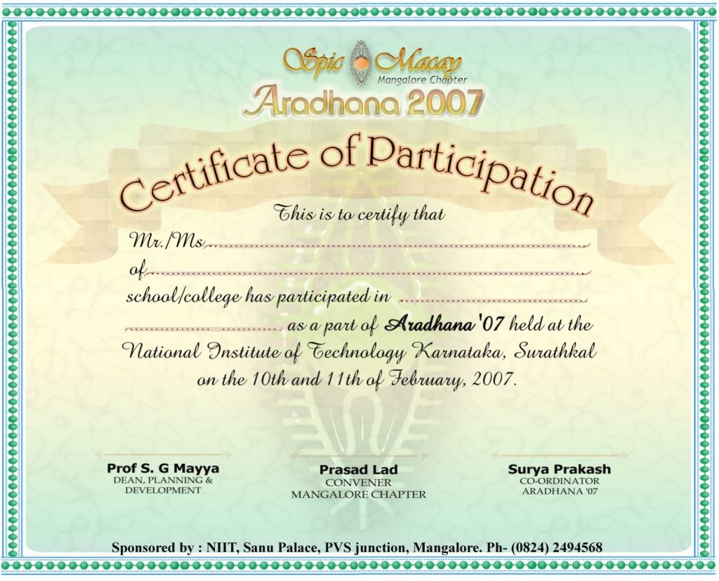 Certificate for the Spic macay event - Aradhana 2007