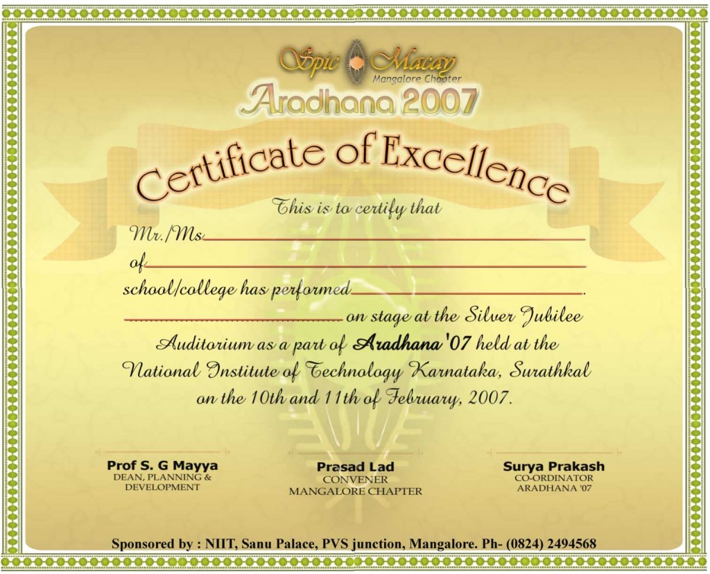 Certificate for Spic macay event